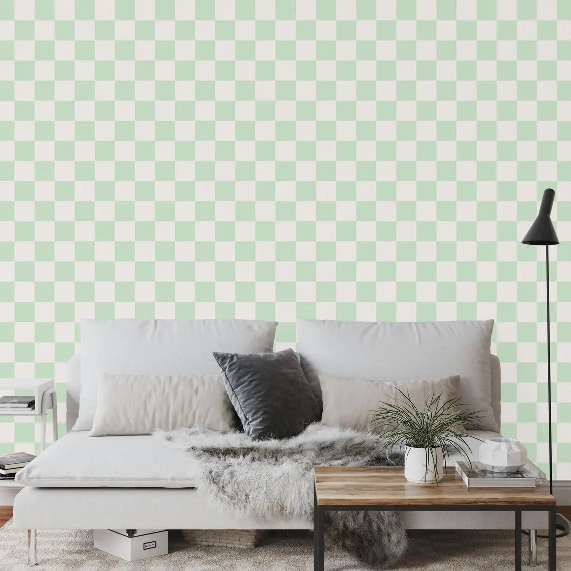 Tea green off white checkered wallpaper in contemporary interior space