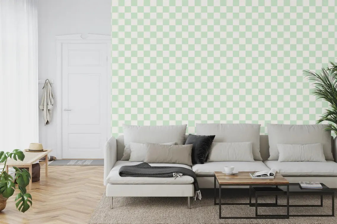 Tea green off white checkered wallpaper full pattern view showing repeating design