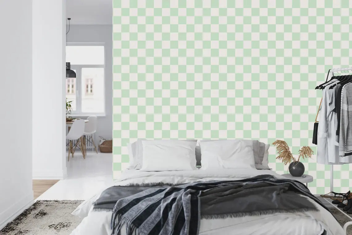 Tea green off white checkered wallpaper application example in home interior