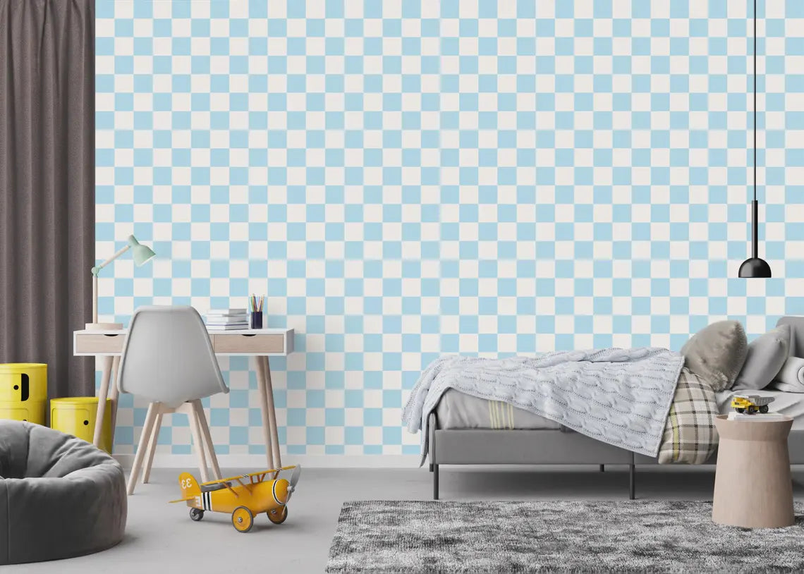 Light blue and off white checkered wallpaper texture detail
