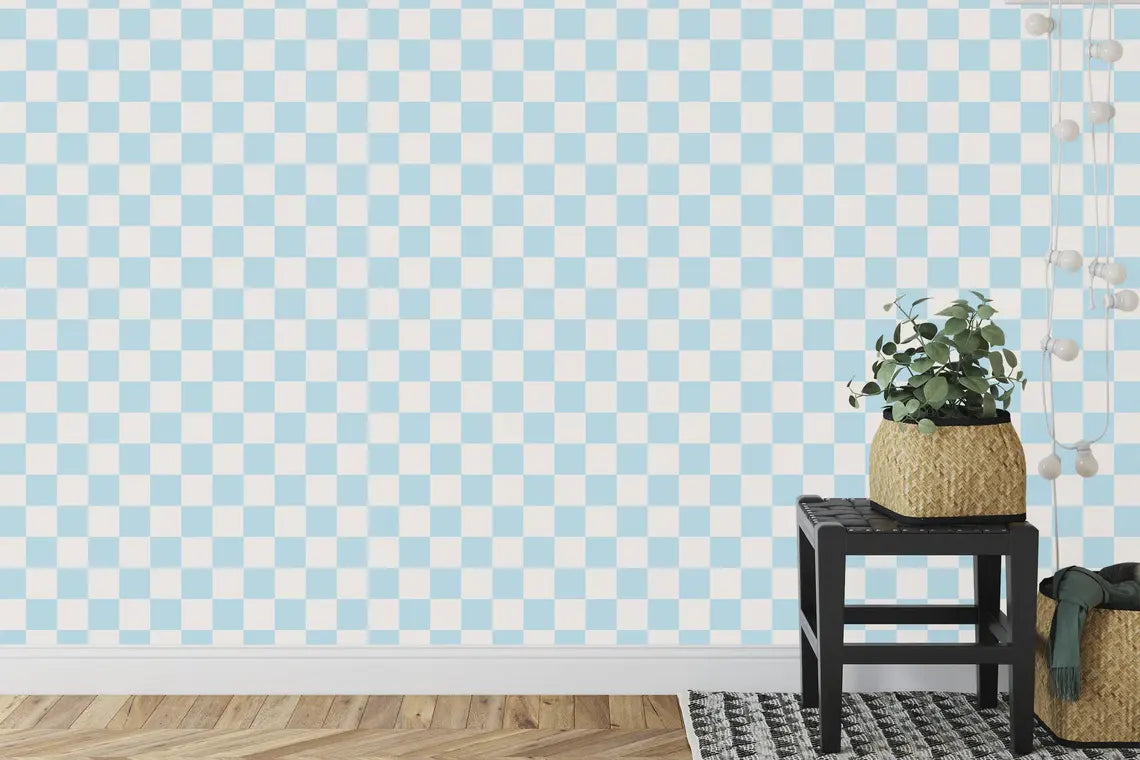 Light blue and off white checkered wallpaper alternative angle