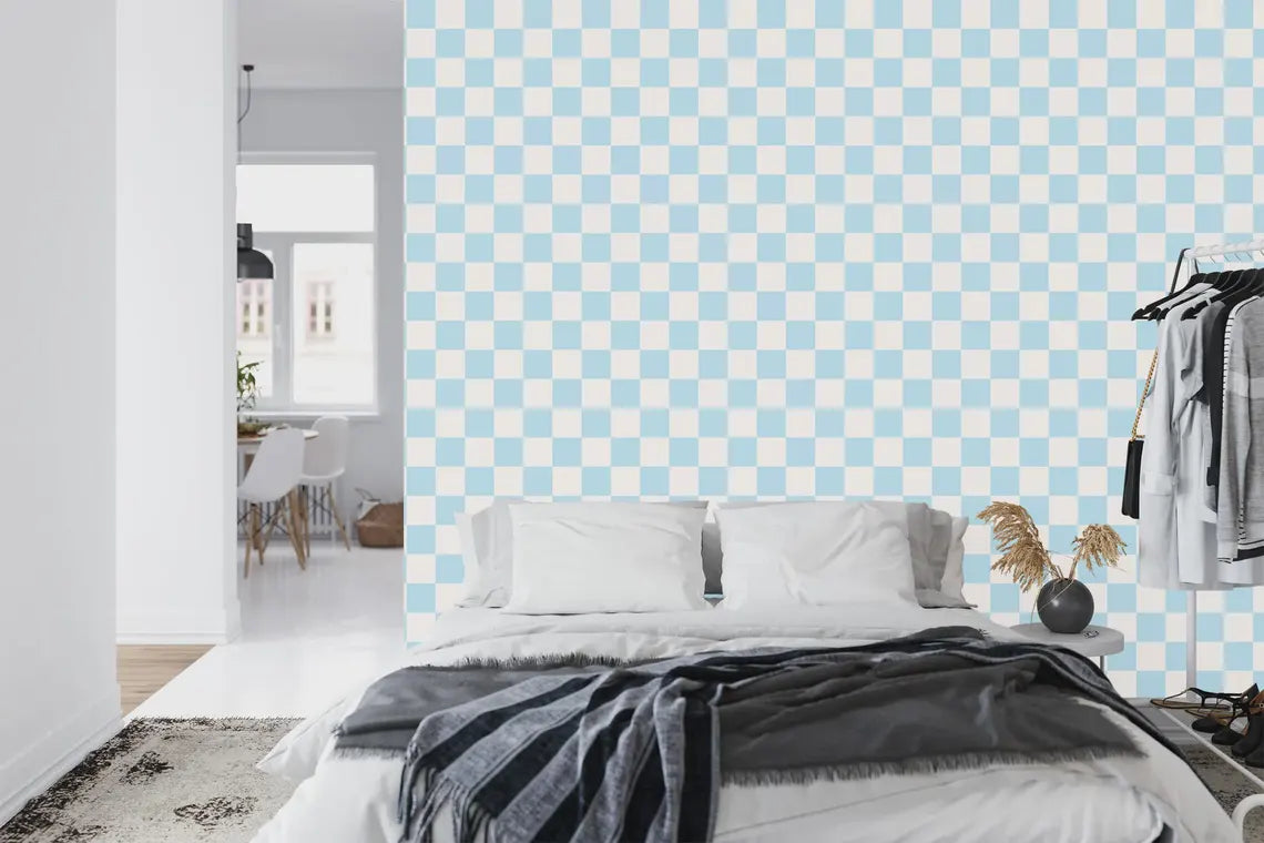 Light blue and off white checkered wallpaper pattern close-up