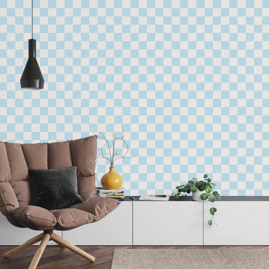 Light blue and off white checkered wallpaper detailed pattern