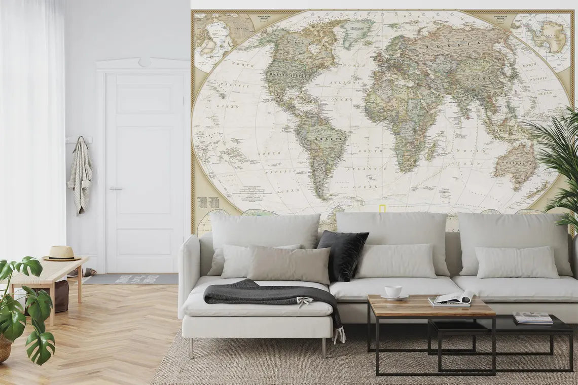 Executive National Geographic World Map mural in stylish interior with modern furnishings