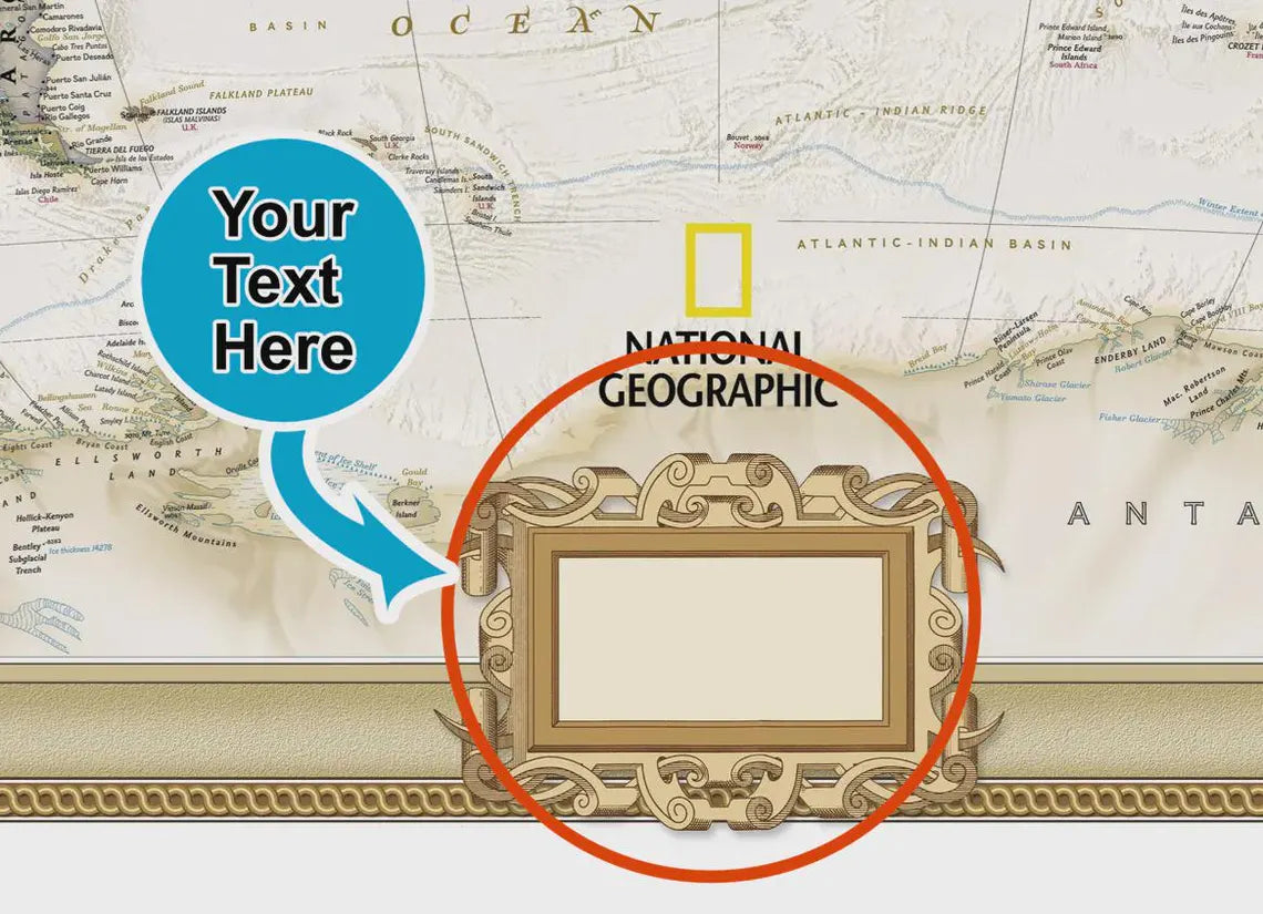 Close-up detail of Executive National Geographic World Map showing country names and topographical features