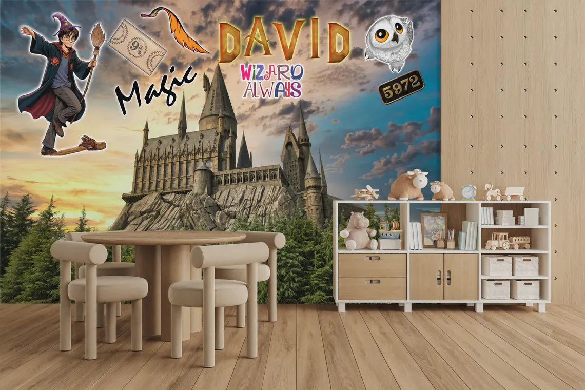 Wizard Magic Mural wallpaper with enchanted castle and mystical elements
