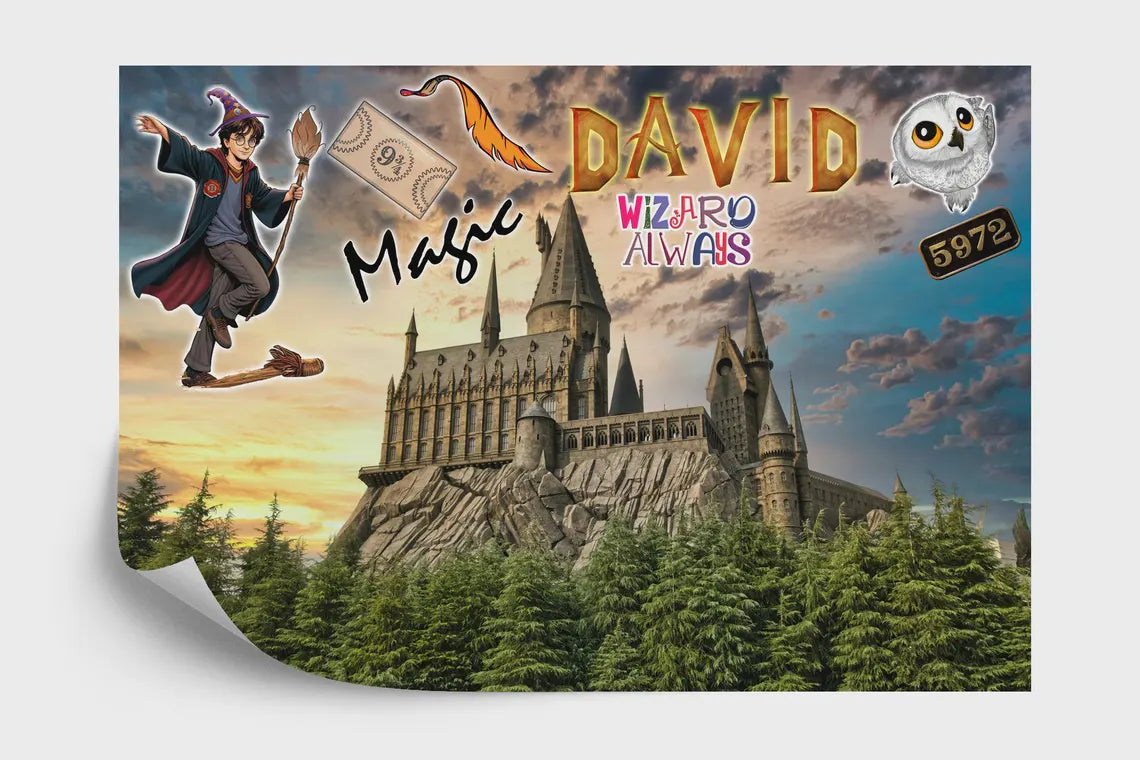 Wizard Magic Mural children's wallpaper featuring whimsical wizard characters