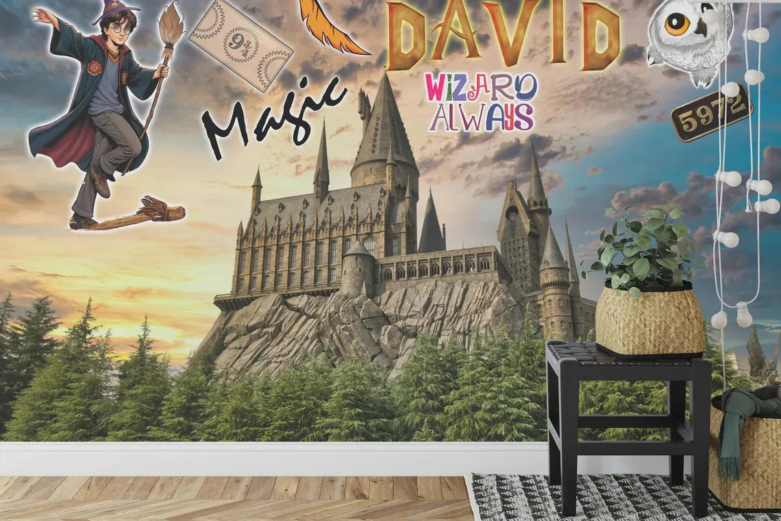 Wizard Magic Mural kids room wallpaper with fantasy castle illustration