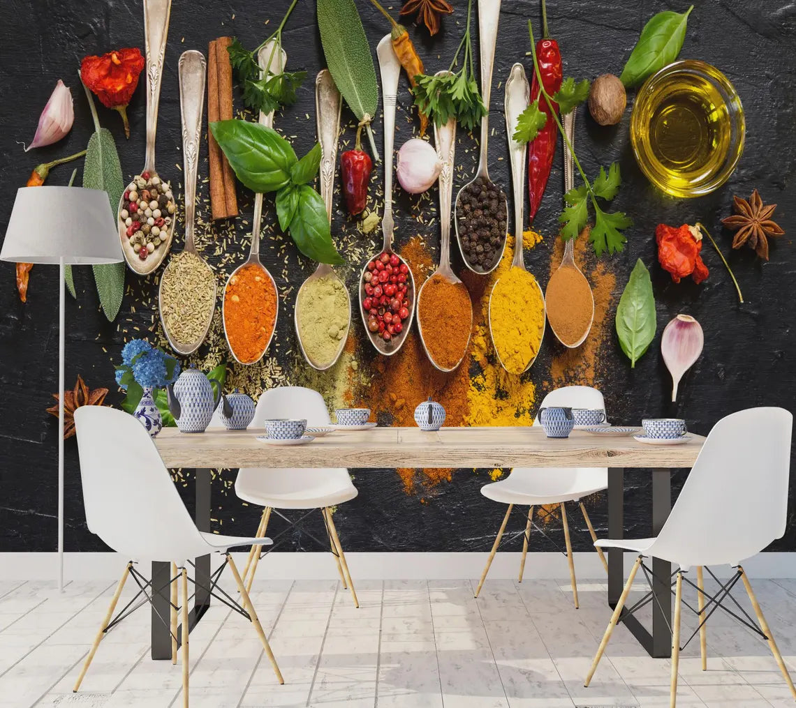 Culinary themed wall decal with vegetables, herbs and kitchen ingredients