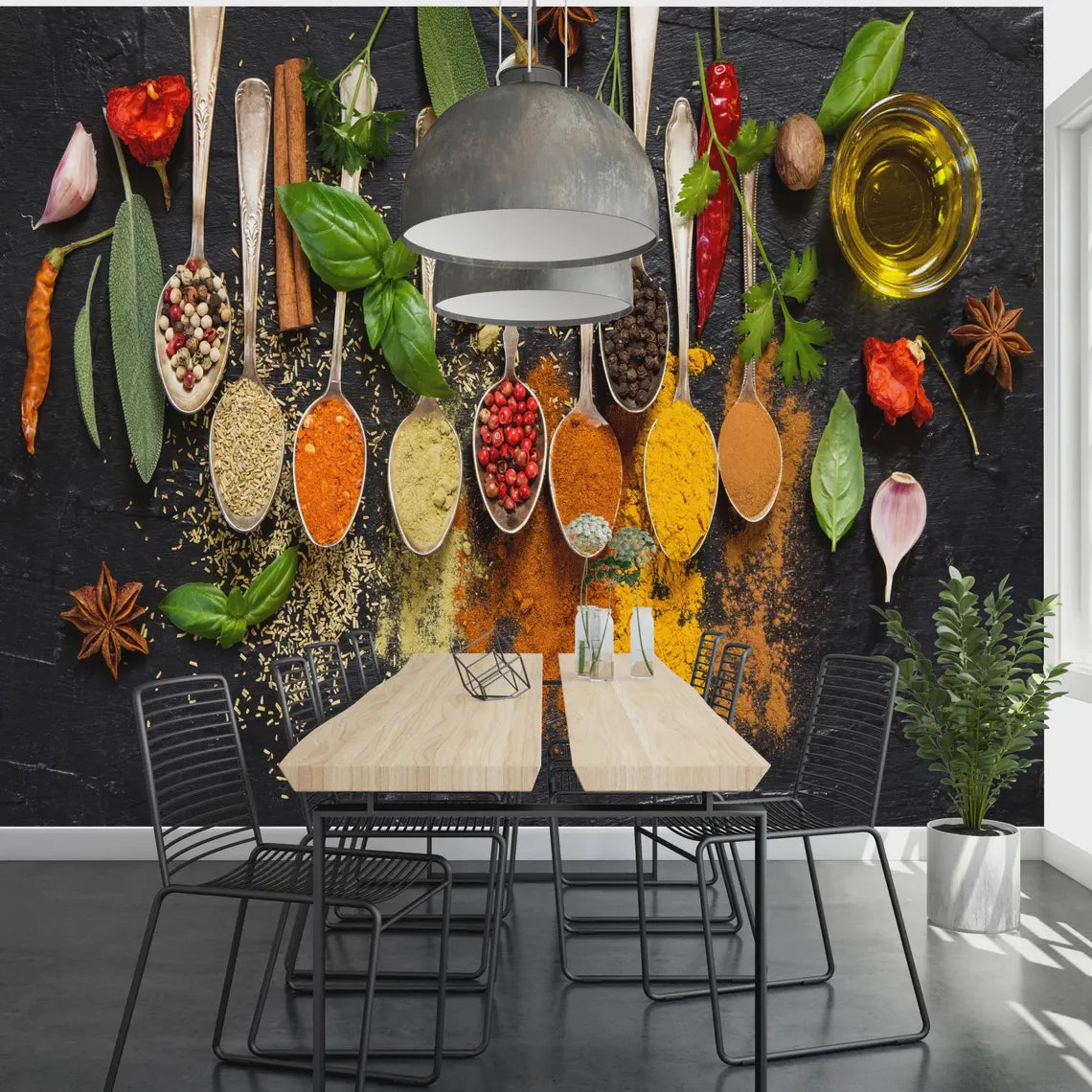 Food photography wallpaper with raw cooking ingredients for restaurant decor