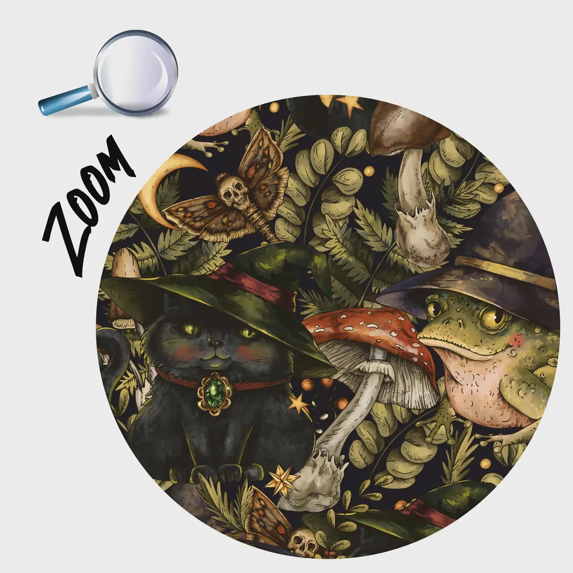 Whimsical illustration of toad and black cat surrounded by celestial elements and magical atmosphere