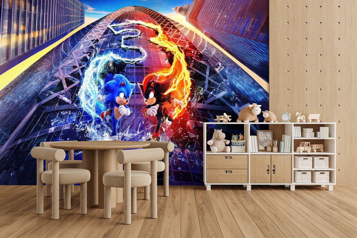 Cartoon wall decal application example showing multiple character stickers on wall