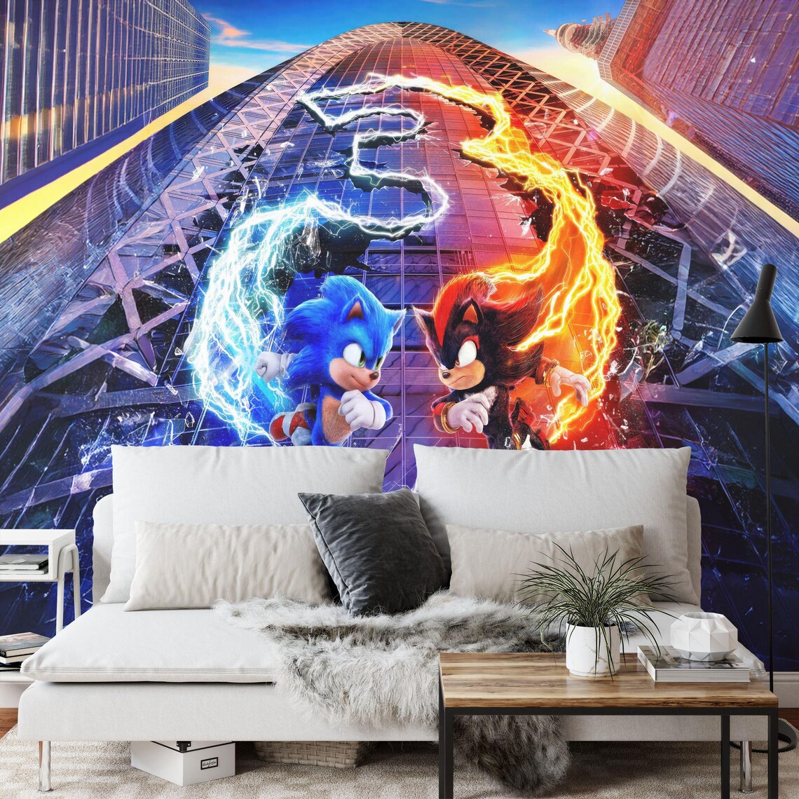 Wall decal installation example showing cartoon characters arranged on bedroom wall