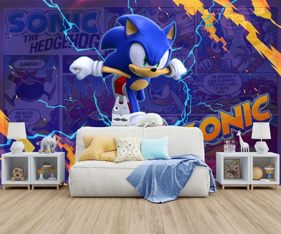 Sonic kids wallpaper with action-packed gaming character design for children's bedroom