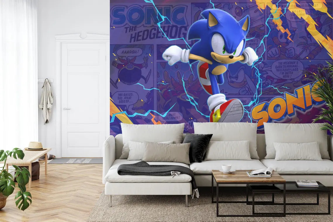 Colorful Sonic wallpaper mural with fast-paced action design for boys bedroo