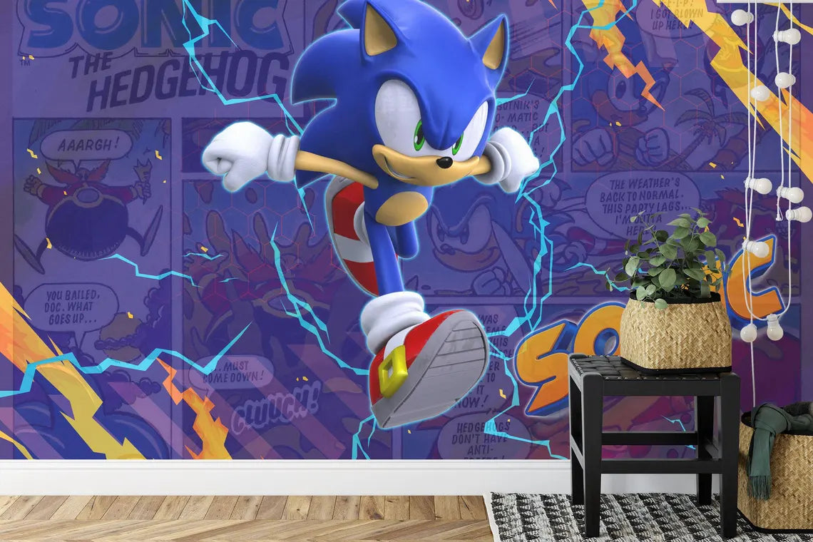 Sonic character wallpaper featuring the beloved blue hedgehog for gaming room decor