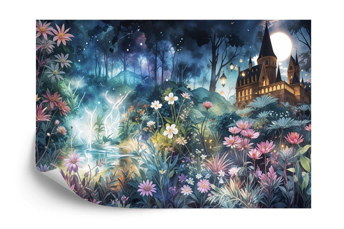 Artistic watercolor forest wallpaper with layered trees and natural color palette