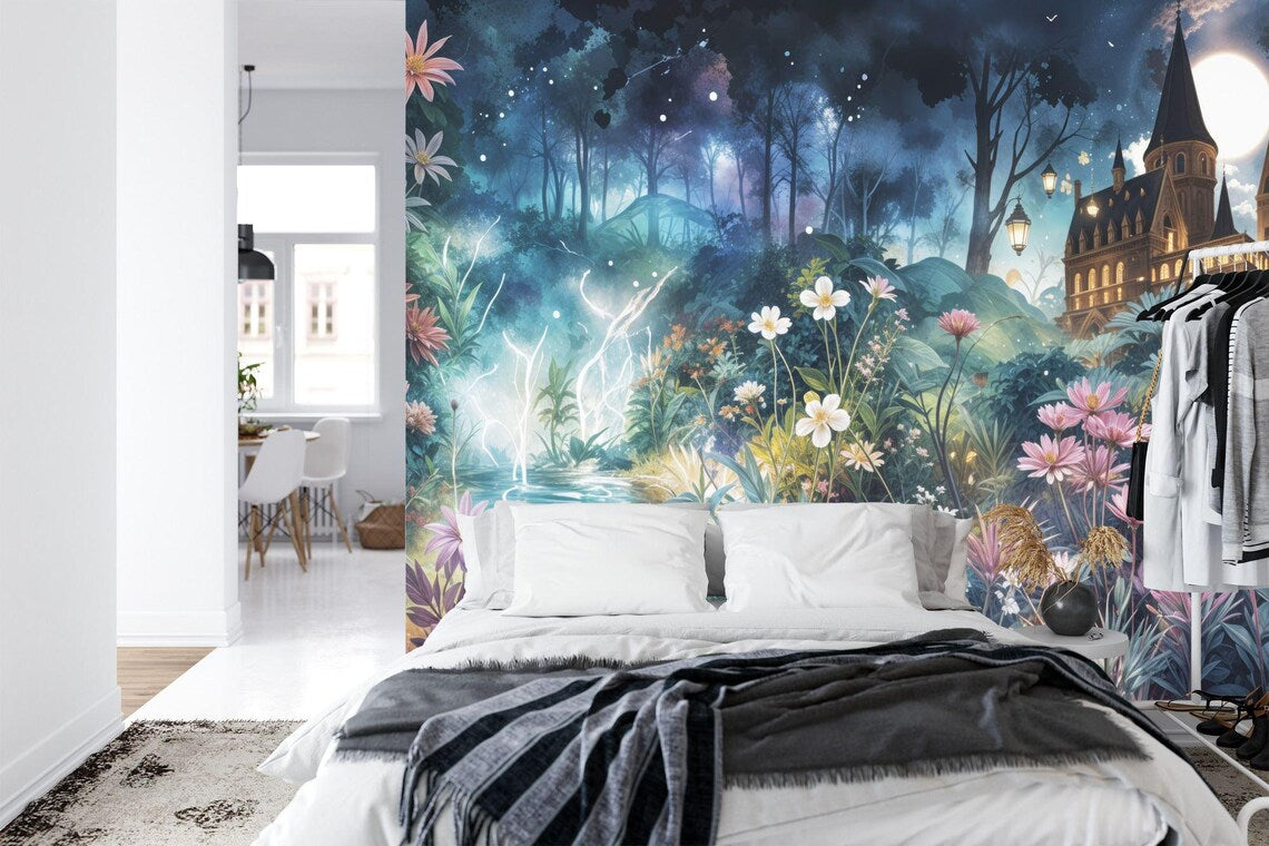 Watercolor forest wall mural detail showing artistic tree silhouettes and soft colors