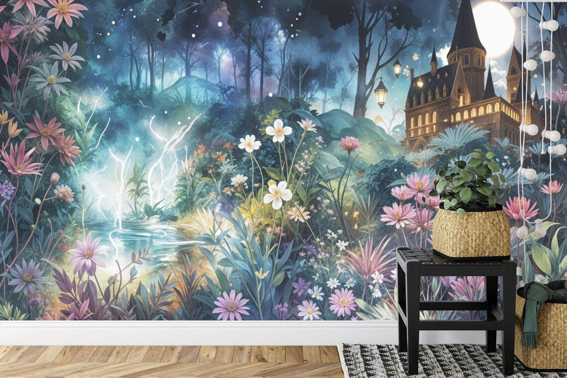 Full view of watercolor forest wallpaper mural with dreamy woodland scene