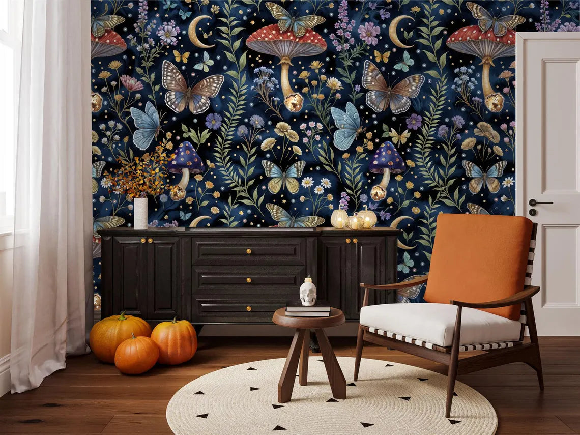 Whimsical mushroom forest wallpaper with colorful butterflies and flowers