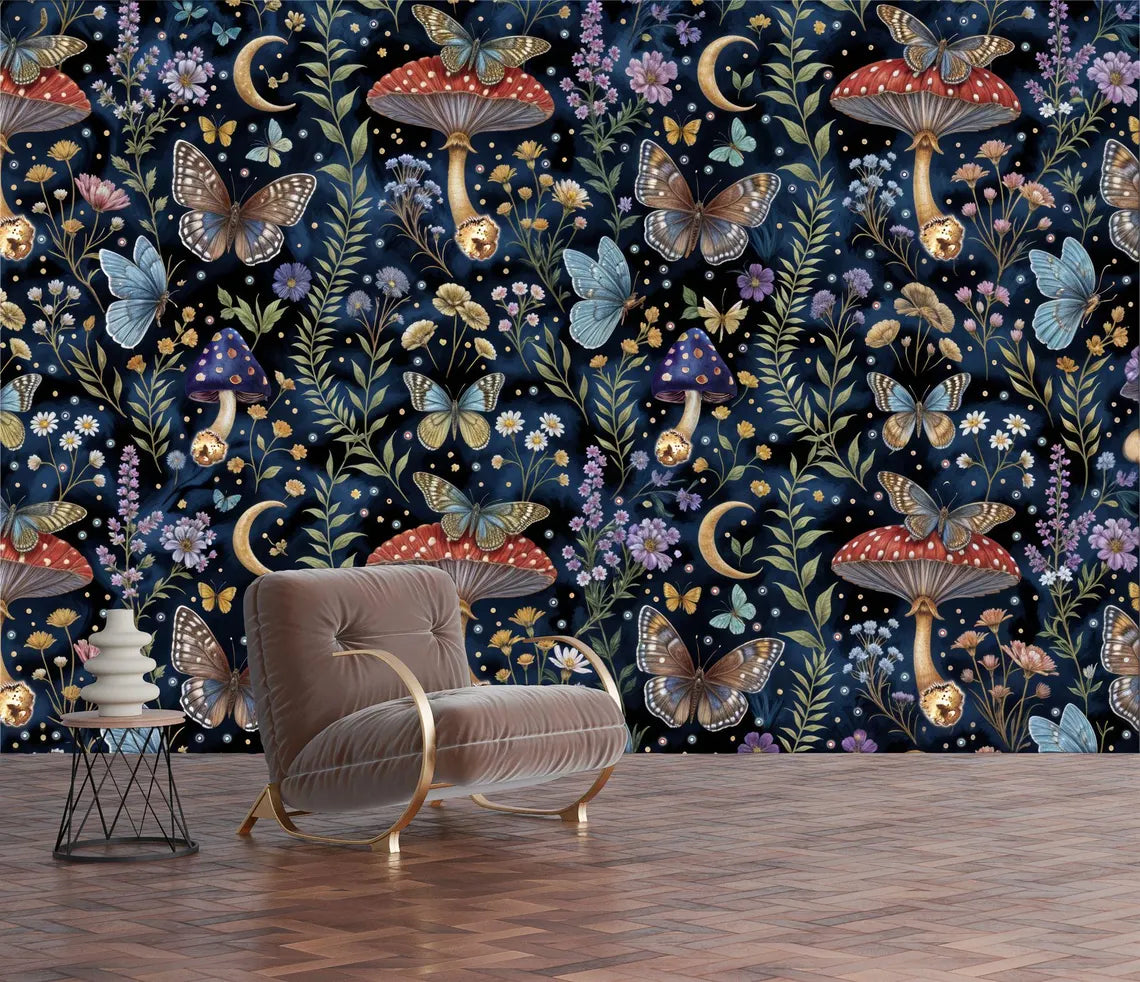 Detailed view of enchanted mushroom wallpaper with butterfly accents