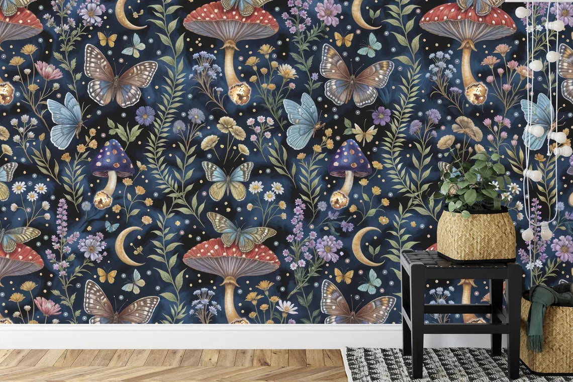 Colorful mushroom and butterfly peel and stick wallpaper detail
