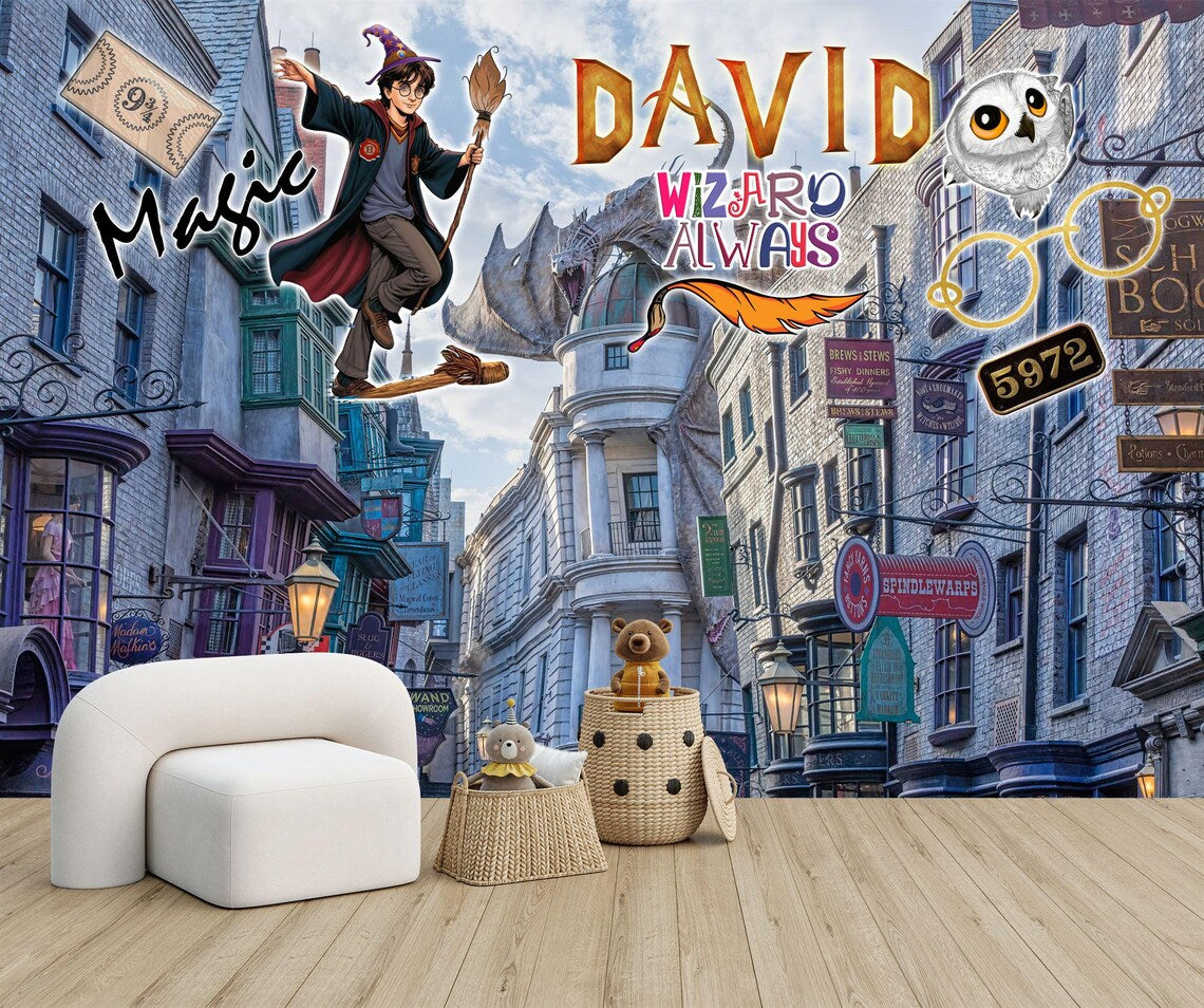 Wizard Magic Mural Kids Room - close-up of mystical mural artwork