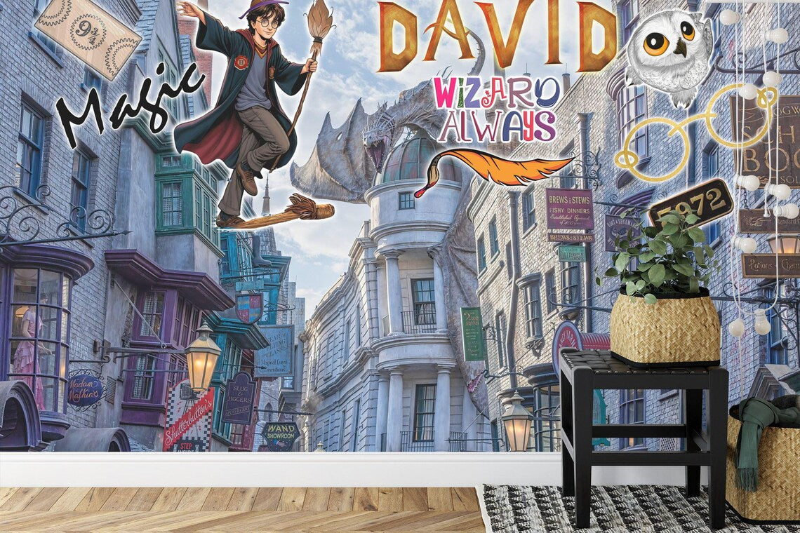 Wizard Magic Mural Kids Room - enchanted bedroom wall art detail