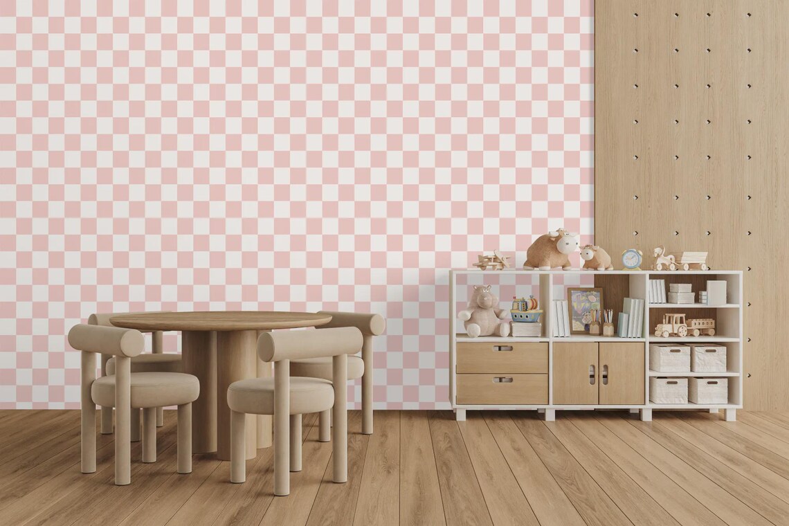 Blush pink and off white checkered wallpaper full pattern display