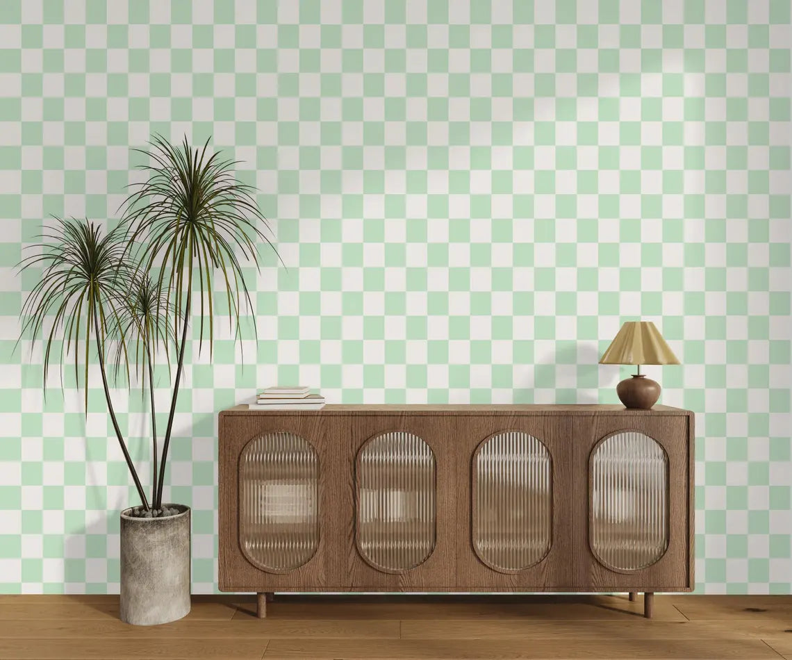 Close-up of tea green off white checkered wallpaper texture and pattern detail