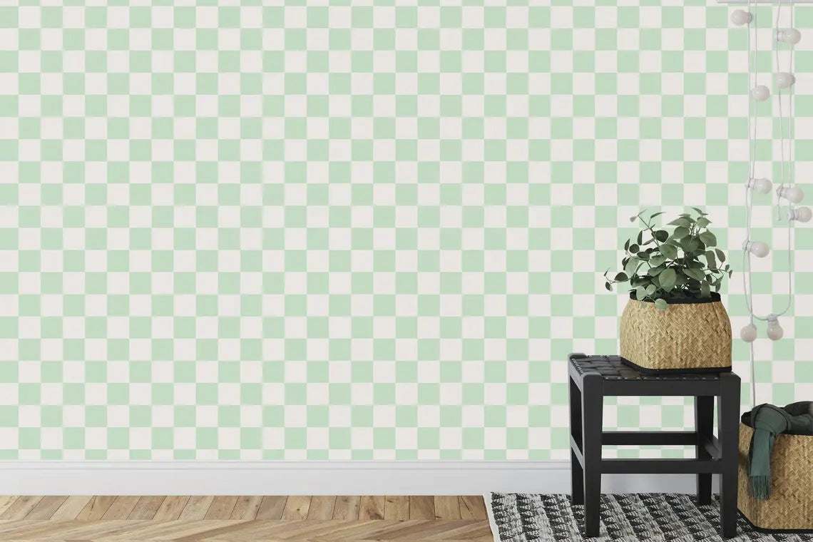 Tea green off white checkered wallpaper in styled room setting