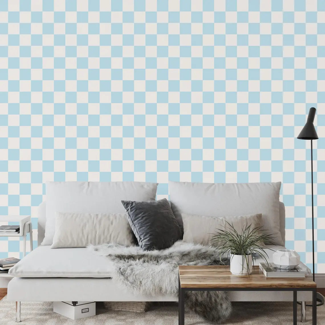 Light blue and off white checkered wallpaper full view
