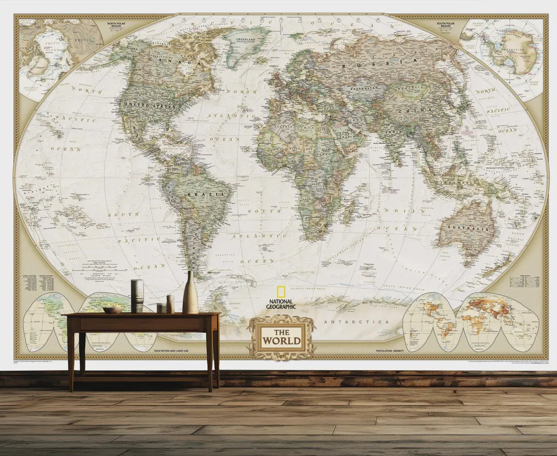 Executive National Geographic World Map wallpaper in home office setting with desk and chair