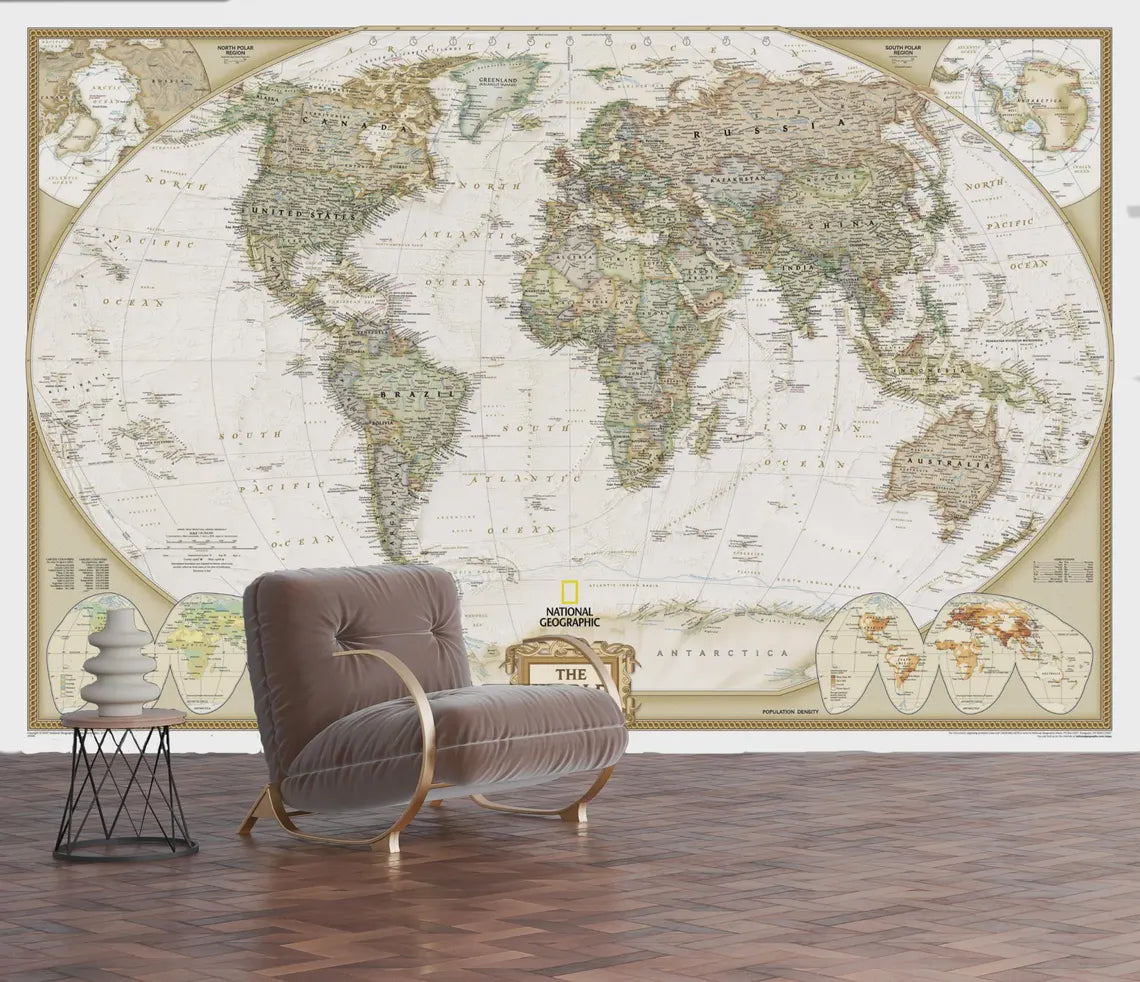 Executive National Geographic World Map mural displayed on bedroom wall with contemporary furniture
