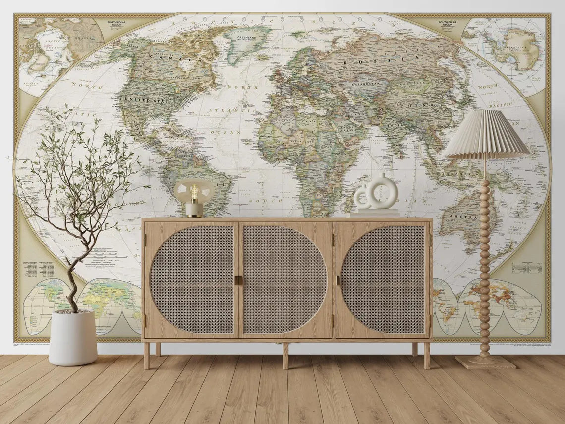 Executive National Geographic World Map wallpaper in minimalist bedroom with white bedding