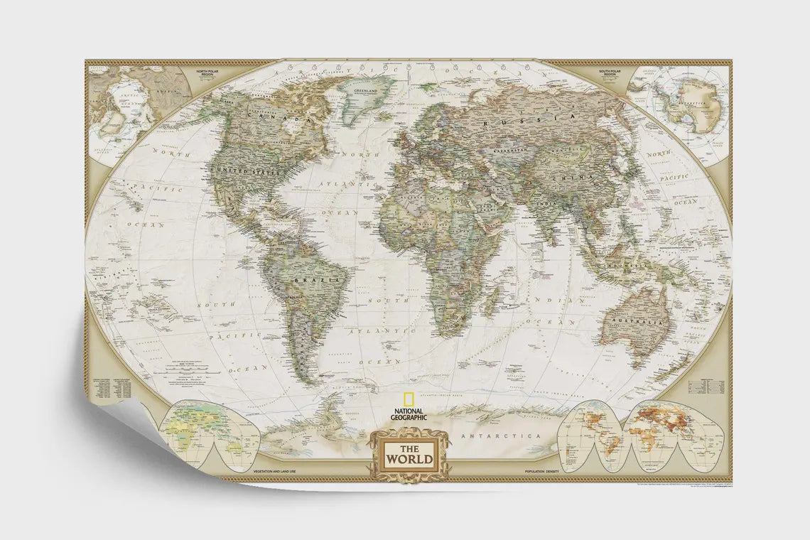 Executive National Geographic World Map wallpaper in contemporary living space with neutral decor