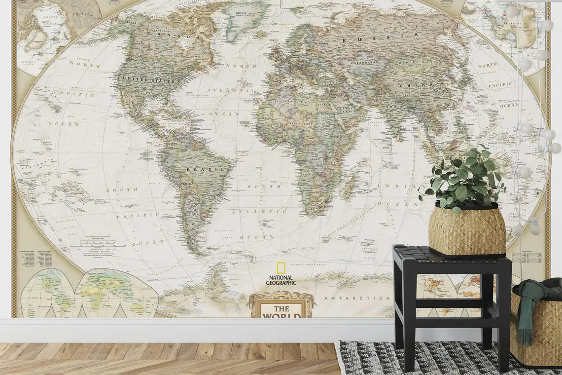 Executive National Geographic World Map mural in stylish interior with modern furnishings