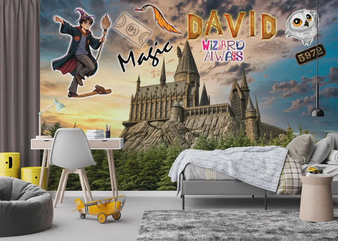 Close-up detail of Wizard Magic Mural peel and stick wallpaper design

