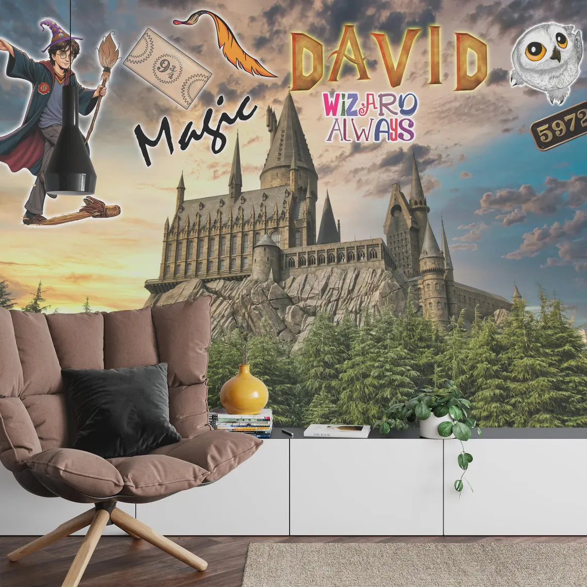 Wizard Magic Mural kids wallpaper showing complete fantasy scene installation