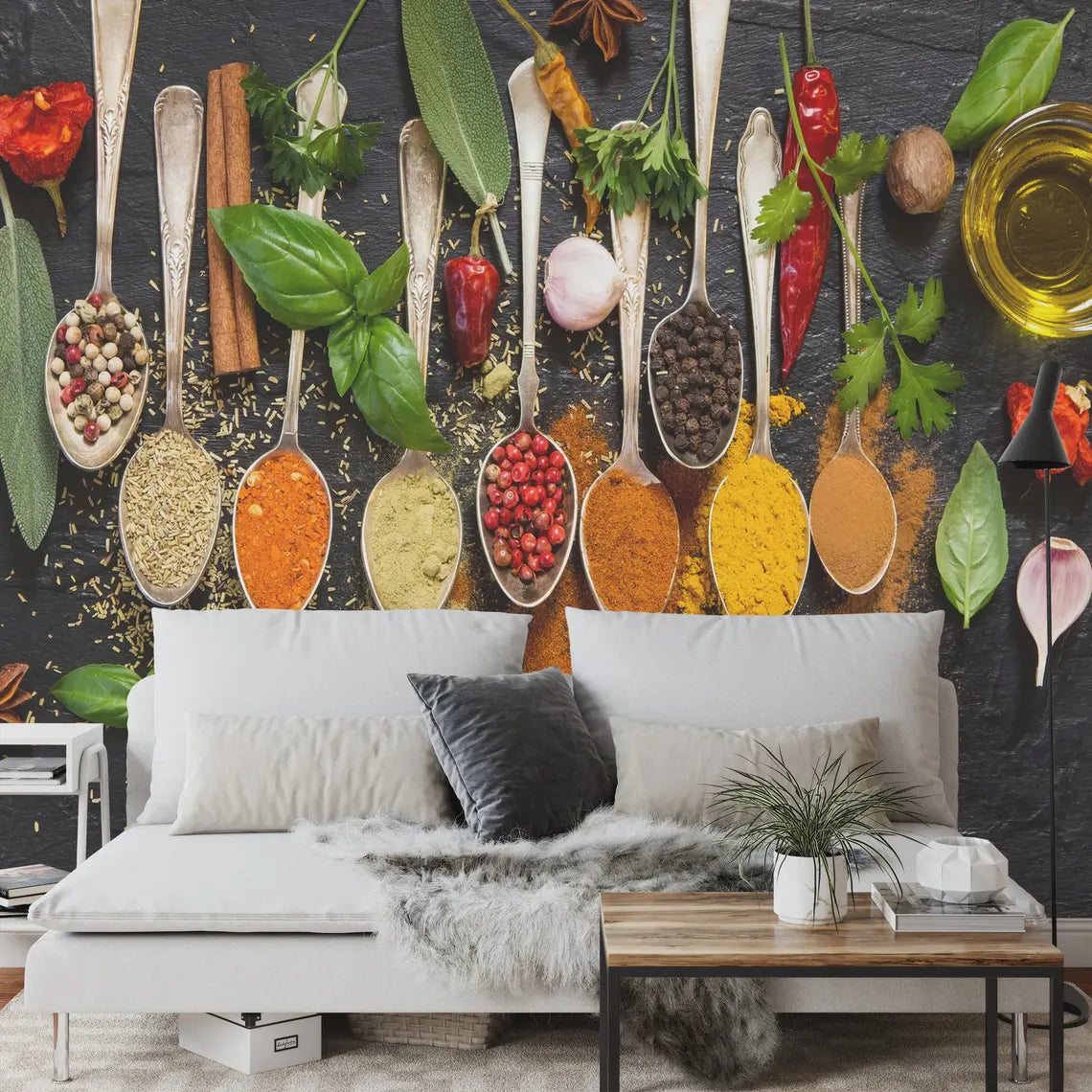 Restaurant kitchen wall mural with raw ingredients and culinary elements