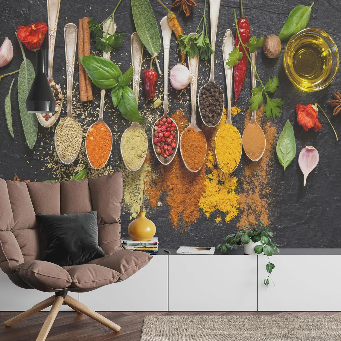 Peel and stick wallpaper showing fresh produce and cooking essentials