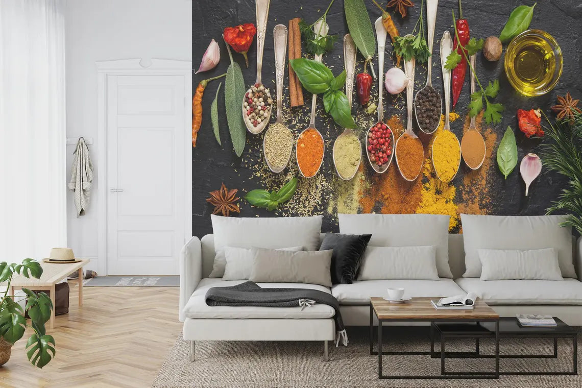 Restaurant wall mural with raw ingredients and culinary photography