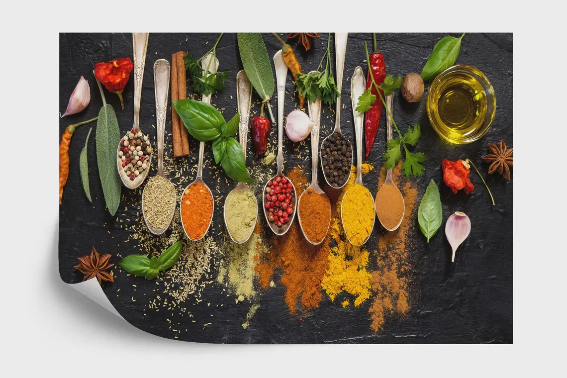 Kitchen wall art featuring fresh vegetables and cooking ingredients layout