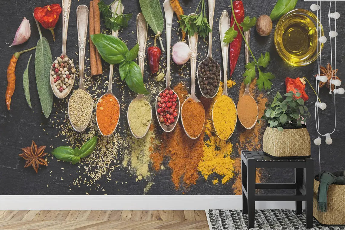  Cooking ingredients wallpaper design for kitchen and restaurant spaces

