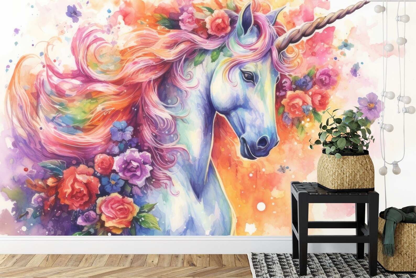 Magical Unicorn Floral Wall Mural Girls Room Decor
