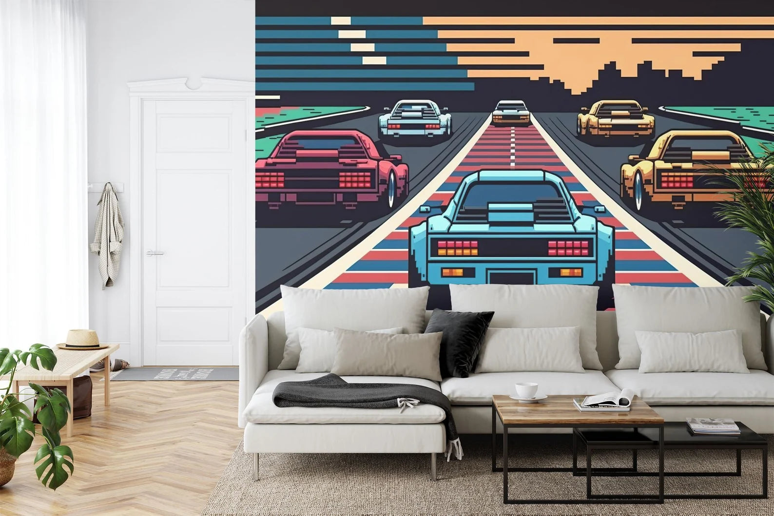 Retro Pixel Art Car Race Wallpaper Mural Gift