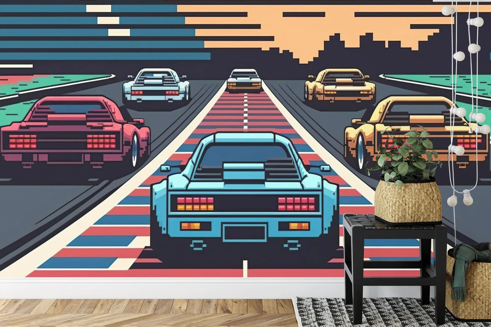 Retro Pixel Art Car Race Wallpaper Mural Gift