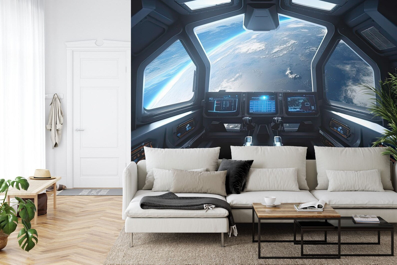 Spaceship Window View Wall Mural, Outer Space Kids Room Decor