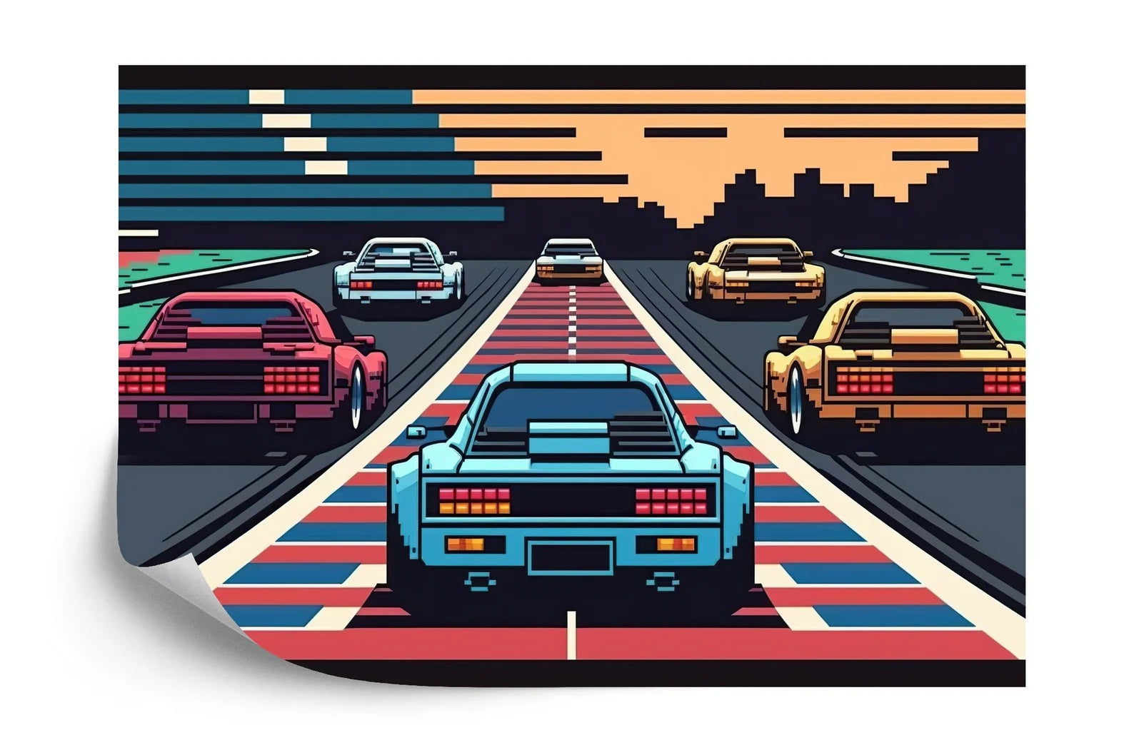 Retro Pixel Art Car Race Wallpaper Mural Gift