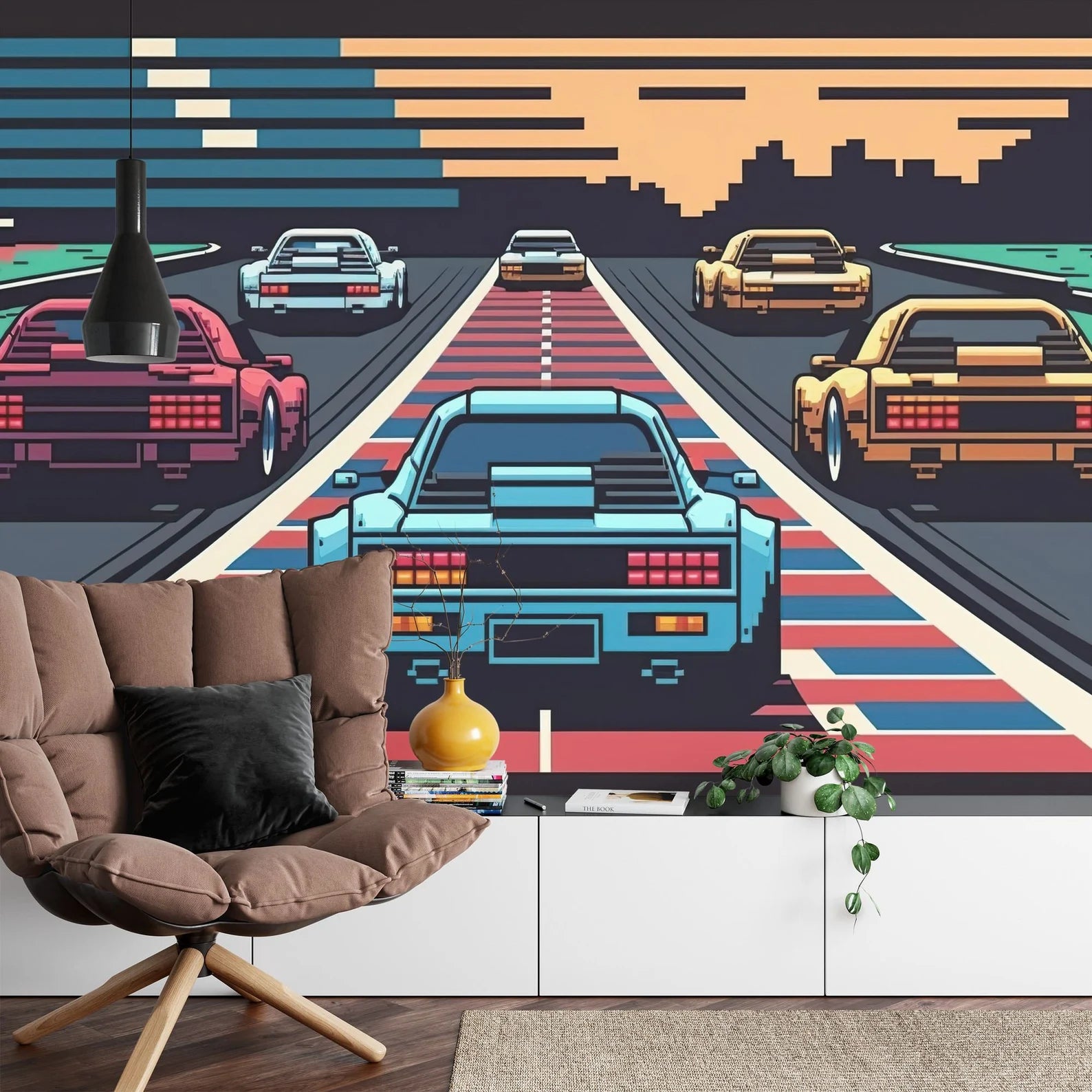 Retro Pixel Art Car Race Wallpaper Mural Gift